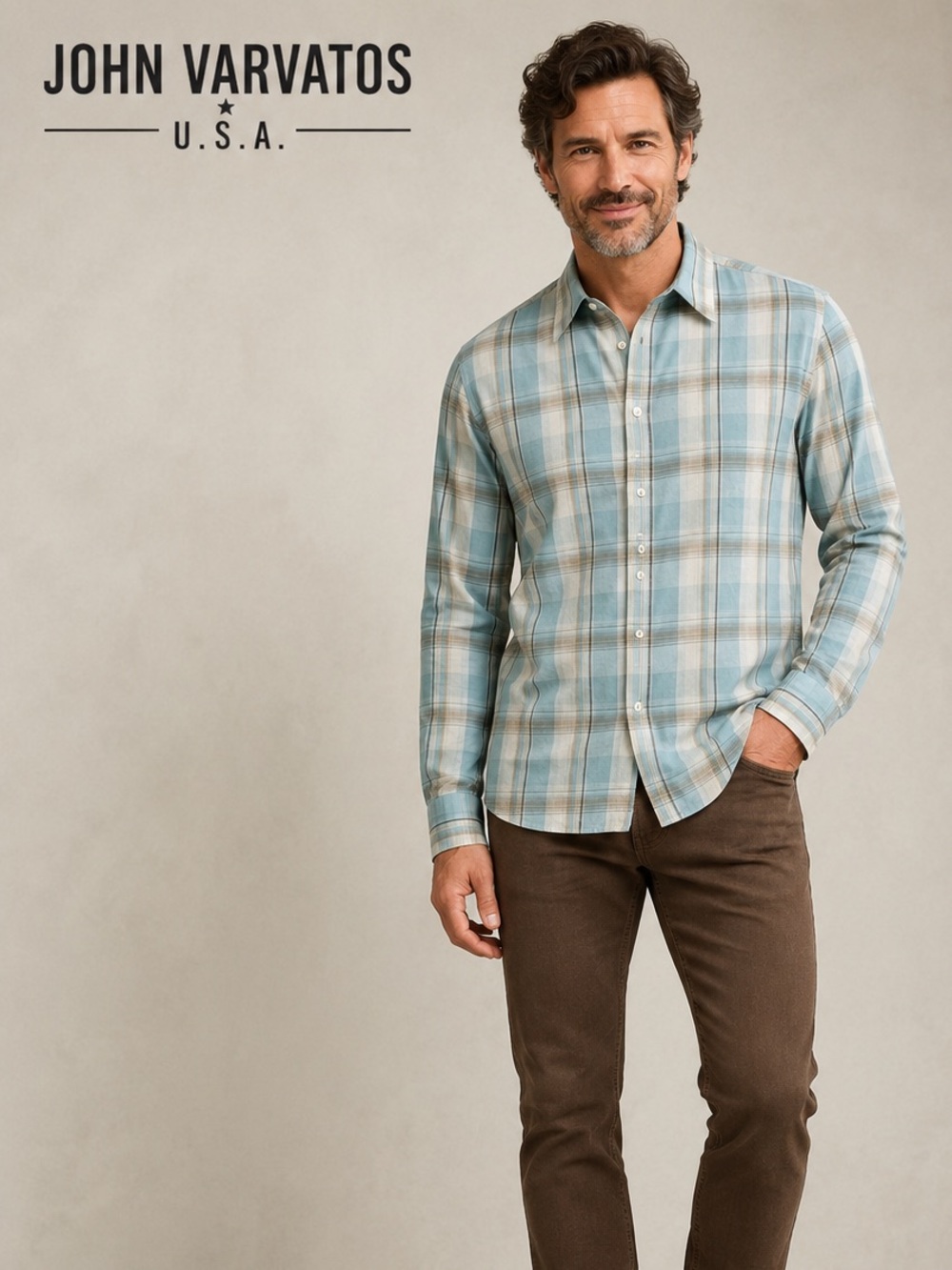 John Varvatos USA Plaid Button Down Shirt Blue Cream Brown Size Large